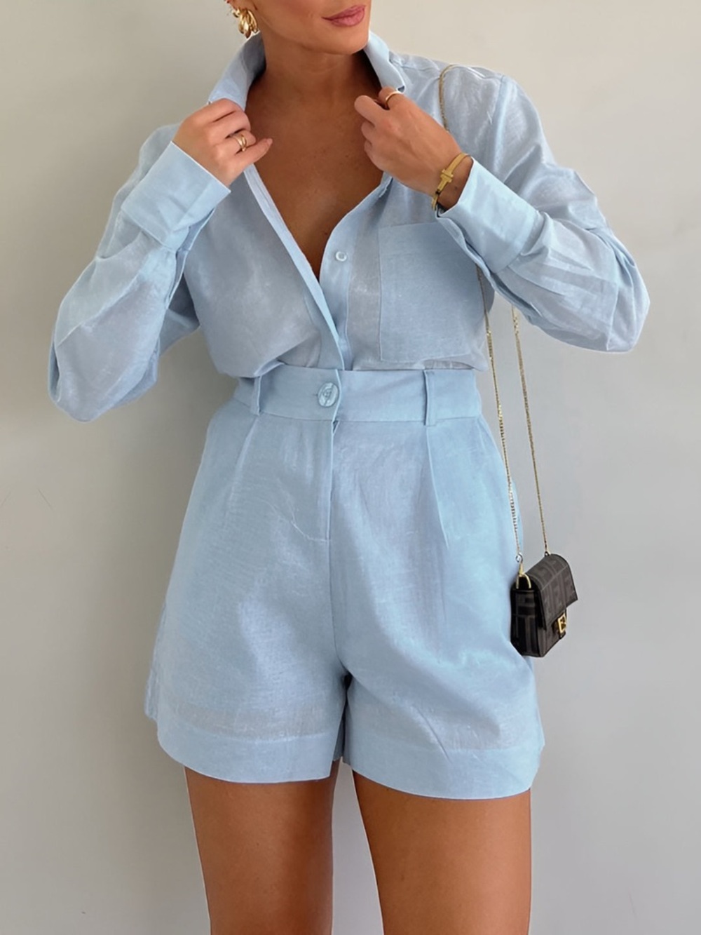 Commense Light Blue Cotton Button-Down Shirt & High Waisted Shorts SET NWT - Picture 2 of 4